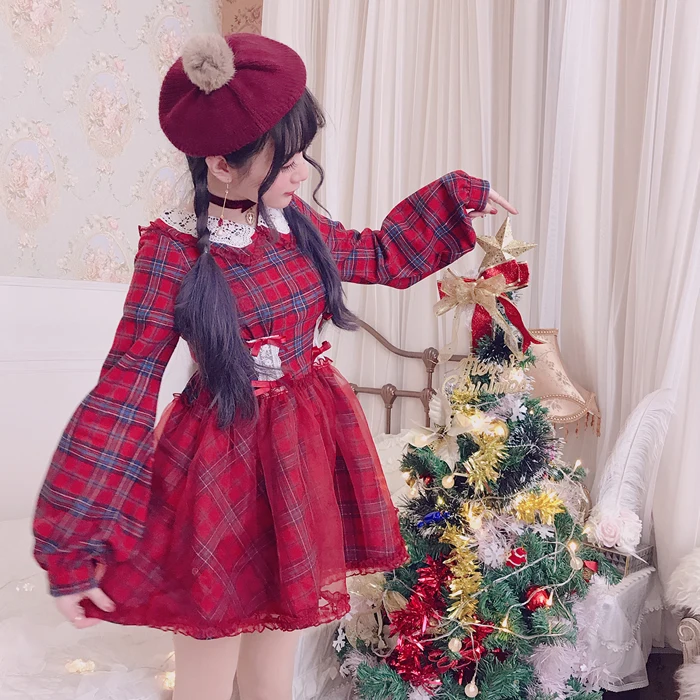 

Princess sweet lolita dress Bobon21 made a small wish Christmas fashion and adorable Plaid Wool lace gauze thin dress D1567