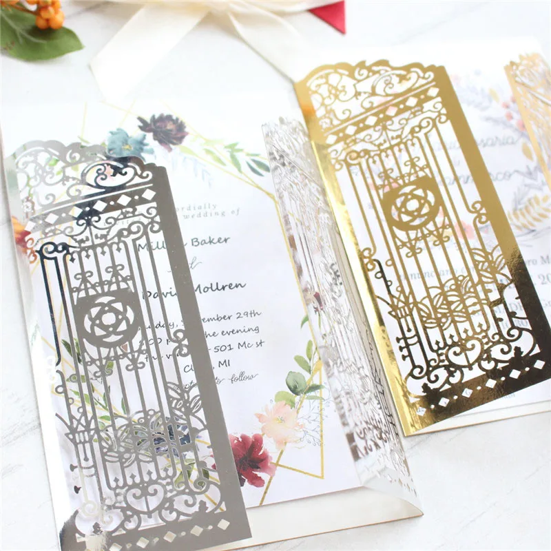 

Vintage invitation door lace laser cut gold silver reflective wedding card pocket customized printing 50pcs