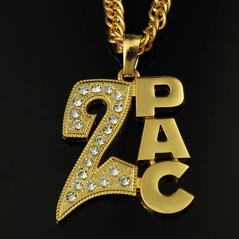 Good Quality Big 2PAC Pendant Necklace Star Jewelry Men Hip Hop Long Cuban Chain Ice Out Golden Silver