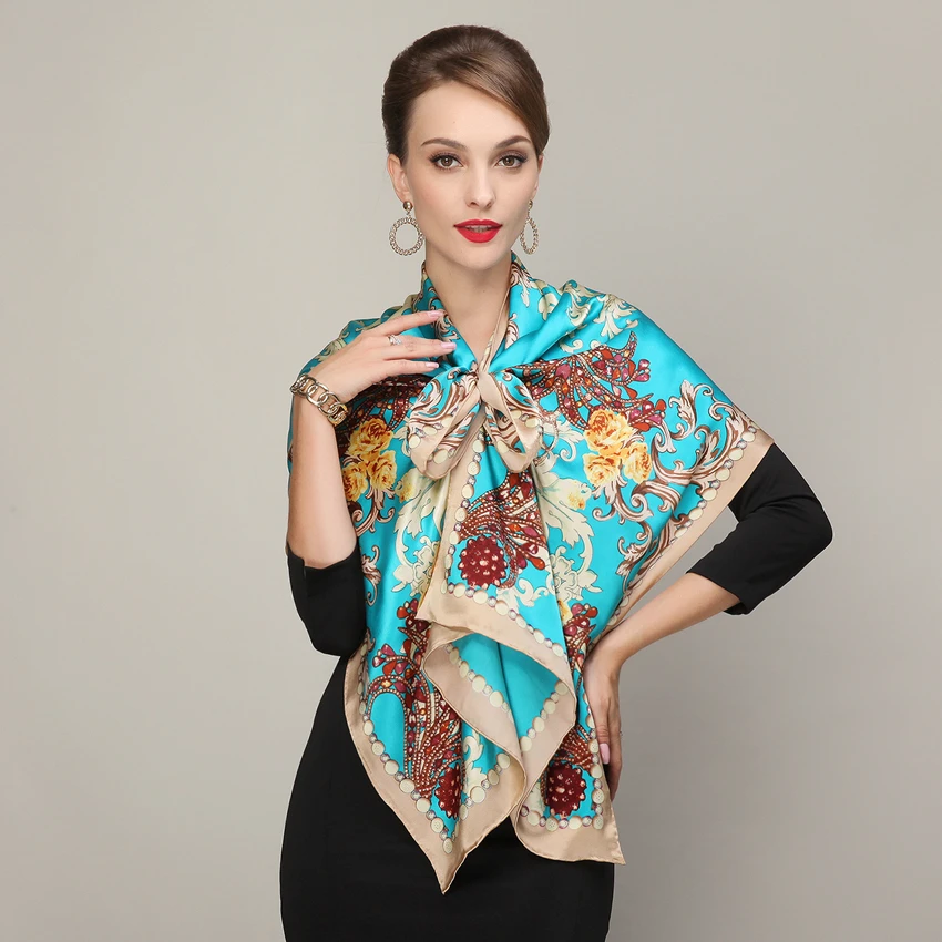 Cachecois Women Blue Silk Scarf Bronzing Printing Autumn And Winter Hot Sale Ladies Pure Silk Long Scarf Foulard All-Match Blue