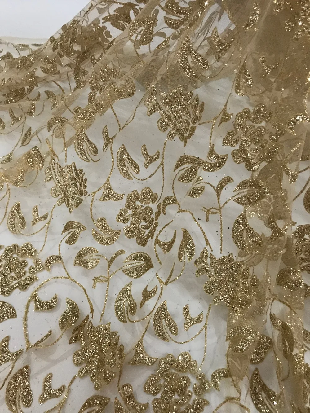 

embroidery glued glitter gold color african tulle mesh fabric with shinny glitter J-62513 sequins glued for party dress