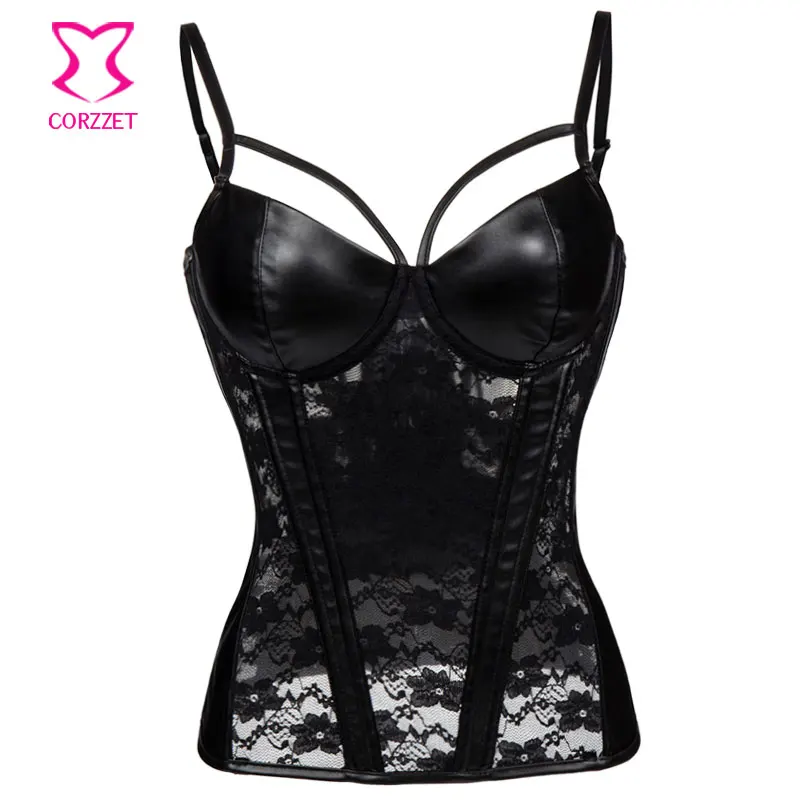 

Black Floral Lace Faux Leather Corset with Straps Push Up Bra Bustier Sexy Gothic Lingerie Korset Women's Corsets and Bustiers