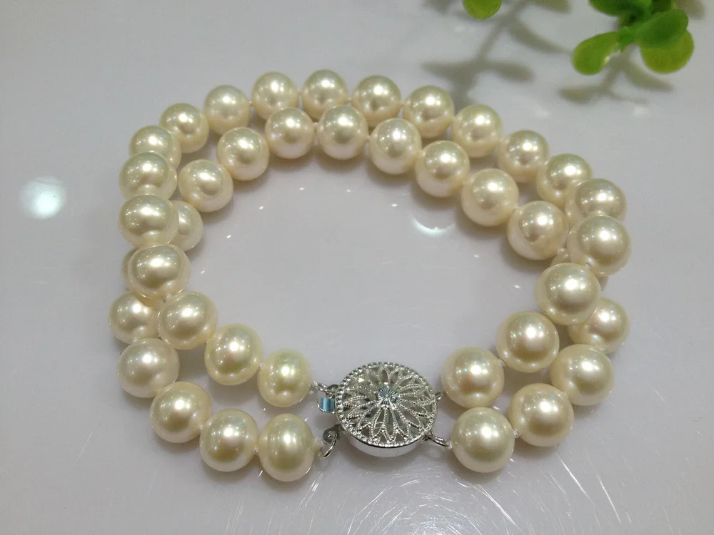 

Free Shipping Fine Jewelry Natural Freshwater pearl Bracelet 925 sterling Silver Clasp 8-9MM Perfect Round Double Layer