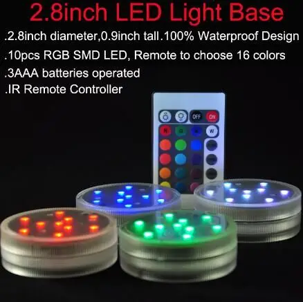 

7CM Diameter 10LEDs White/ Warm White/ RGB SMD LEDs Battery LED Tea Light Submersible Under Vase Base Light for Wedding Decor