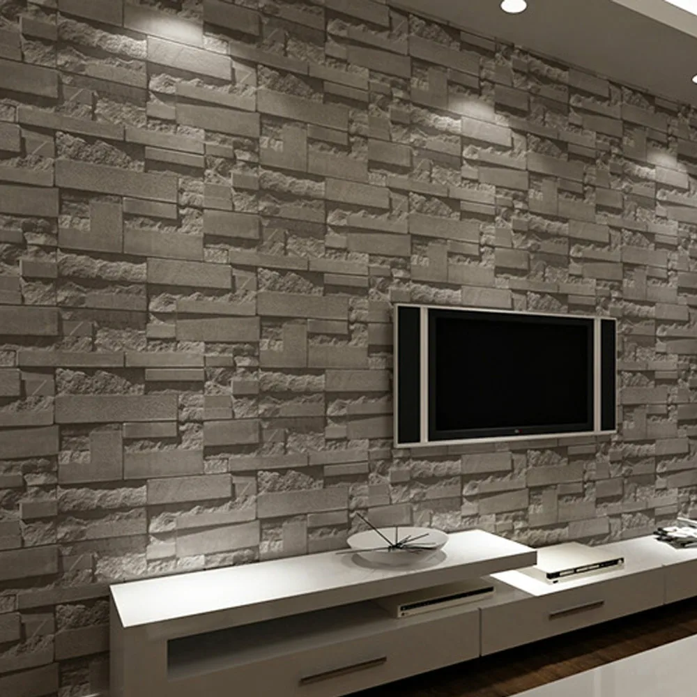 Slate Stone Brick Effect Washable Vinyl PVC Wall Paper Living room Background Wallcovering Wallpaper Black,Grey