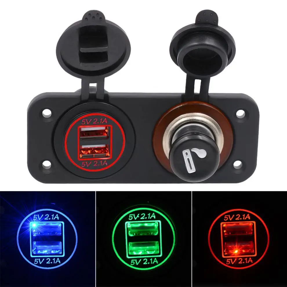 Waterproof 5V 4.2A Center Console Dual USB Aperture Vehicle Mobile Phone Car Chargers with Metal Cigar Lighter