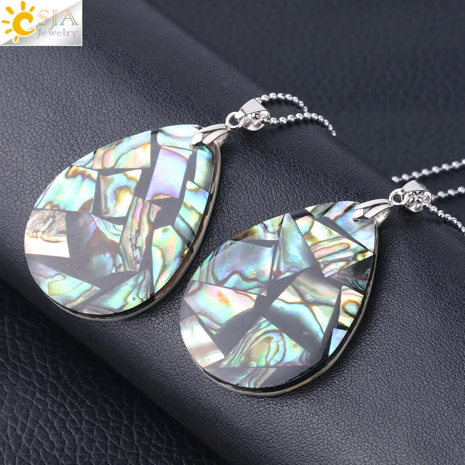 CSJA Natural Abalone Shell Necklace Pendant Water Drop New Zealand Oyster Sea Mother of Pearl Shell Jewelry for Women Girl F843