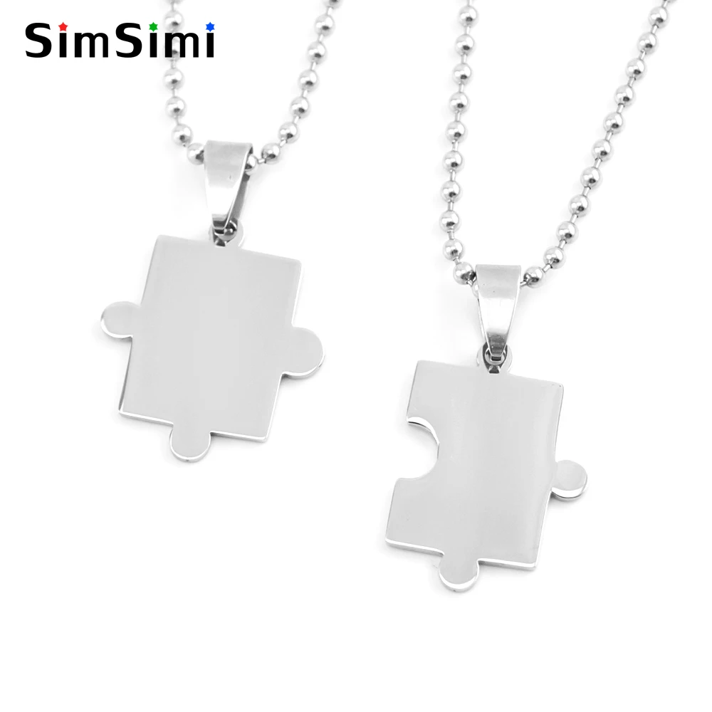 Simsimi Lover's Necklaces couple  jigsaw puzzle pendants tags charms high polish stainless steel ball chain choker