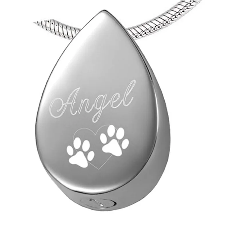 

CMJ8029 Beautiful Angel Heart &Paw Printed Tardrop Urn Pendant Necklace Stainless Steel Memorial Urn Necklace for Ashes