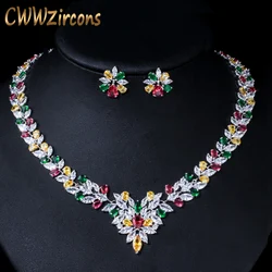 CWWZircons High Quality Multicolored Cubic Zirconia Crystal Choker Wedding Necklace Bridal Jewelry Sets for Women T132