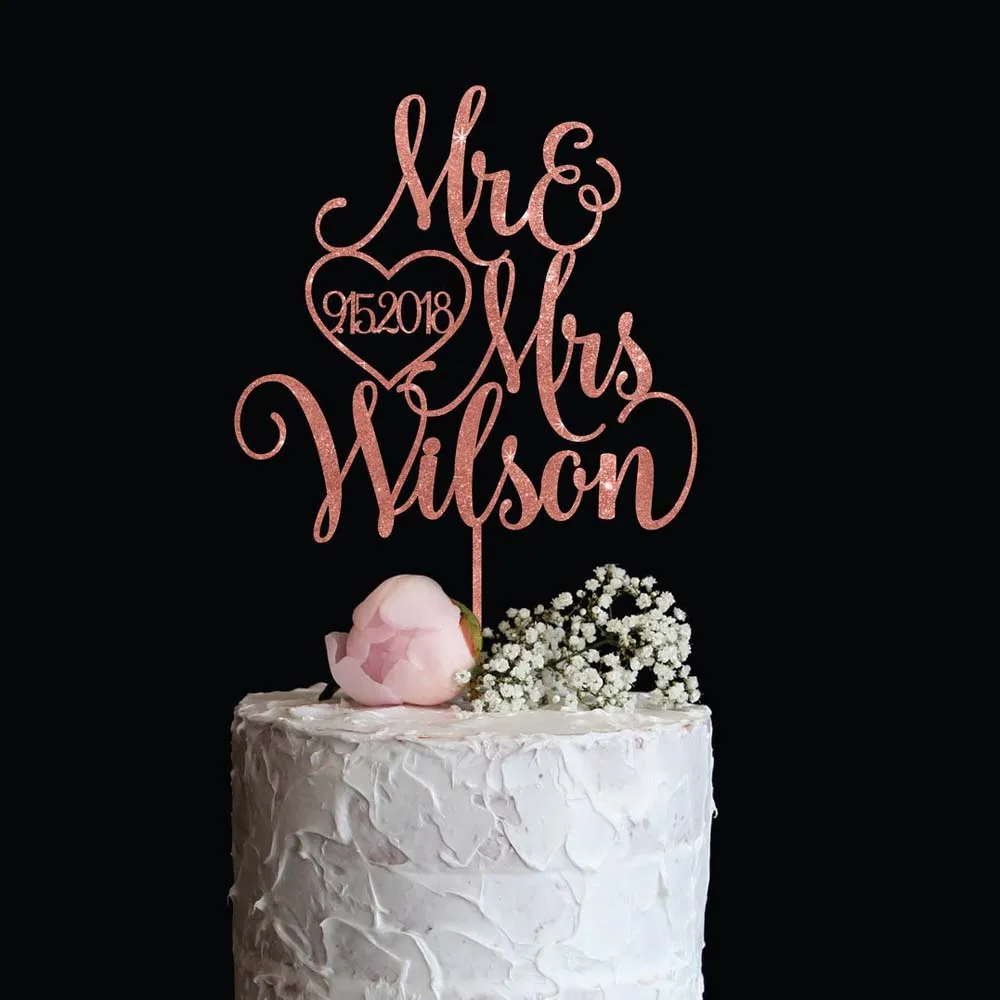 Personalised Mirror Gold Wedding Cake Topper with Last name and Date Elegant Custom Mr and Mrs Cake Topper Gold Silver