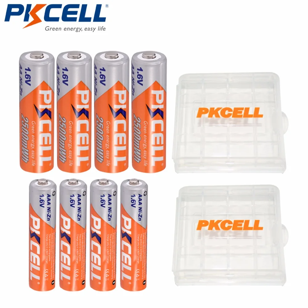 PKCELL 4 قطعة بطاريات AA 2500MWH + 4 قطعة 900MWH 1.6 فولت نيزن AAA بطارية قابلة للشحن NI-ZN Batterias مع 2 صندوق حامل البطارية