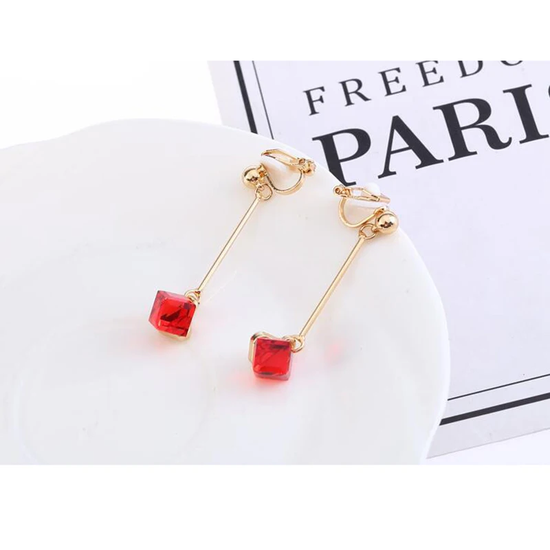 GRACE JUN Korea Style Long Clip on Earrings and Drop Pierced Earrings for Women Gorgeous Gold Color Crystal Earrings Not Allergy