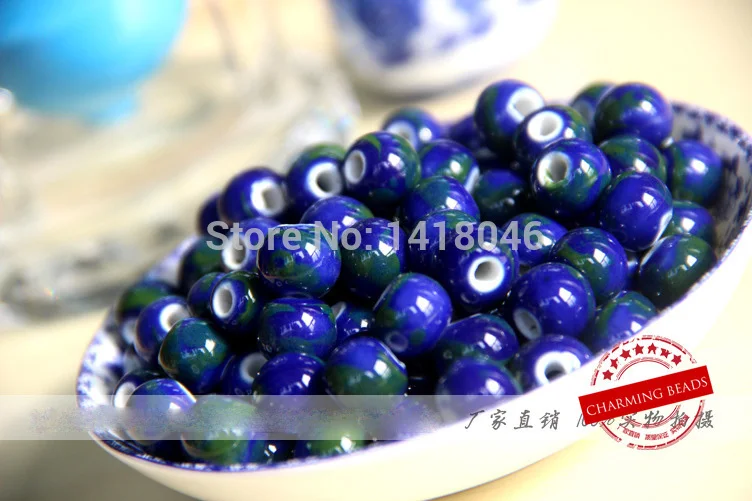 Chinoiserie 8/10/12mm 50pcs Blue and Green Ceramic Ball Beads,Round Spacer Beads For Jewelry Diy CY008-1