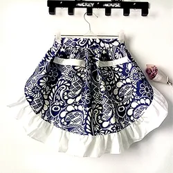 Blue and White Porcelain Half Waist Bistro Restaurant White Ruffle Women Kitchen Cooking Avental de Cozinha Cotton Canvas Apron