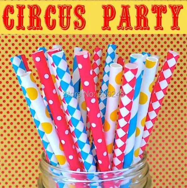 125 Pcs Mixed Colors Circus Party Paper Straws,Royal Blue Stripes,Royal Blue Harlequin,Red Harlequin,Red White Dots,Yellow Dot