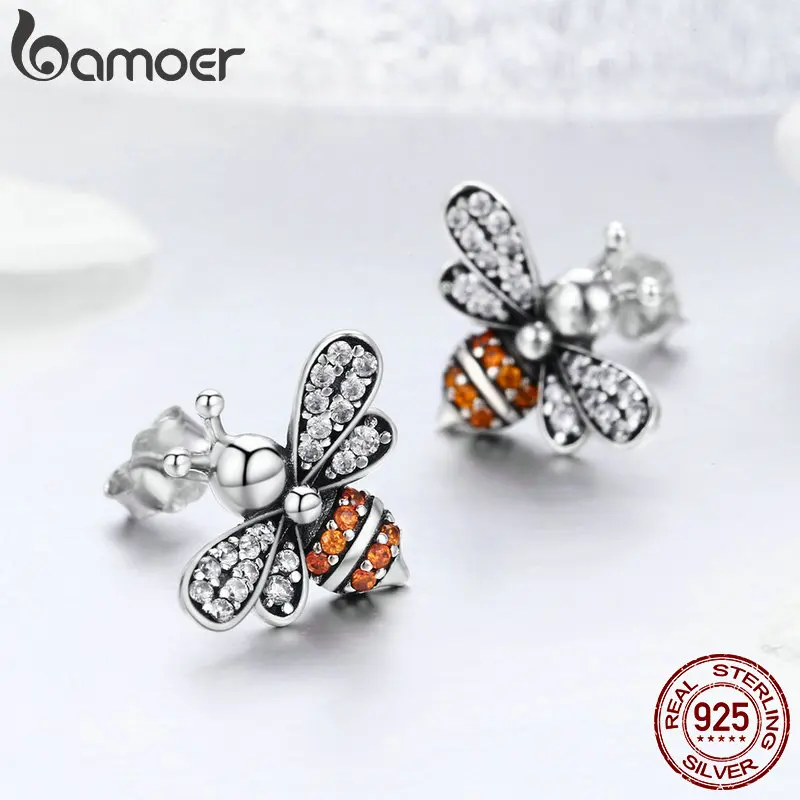 BAMOER Baby Bee Stud Earrings for Women Fashion Crystal Ear Studs 925 Sterling Silver Jewelry for Girl Anti-allergy SCE344