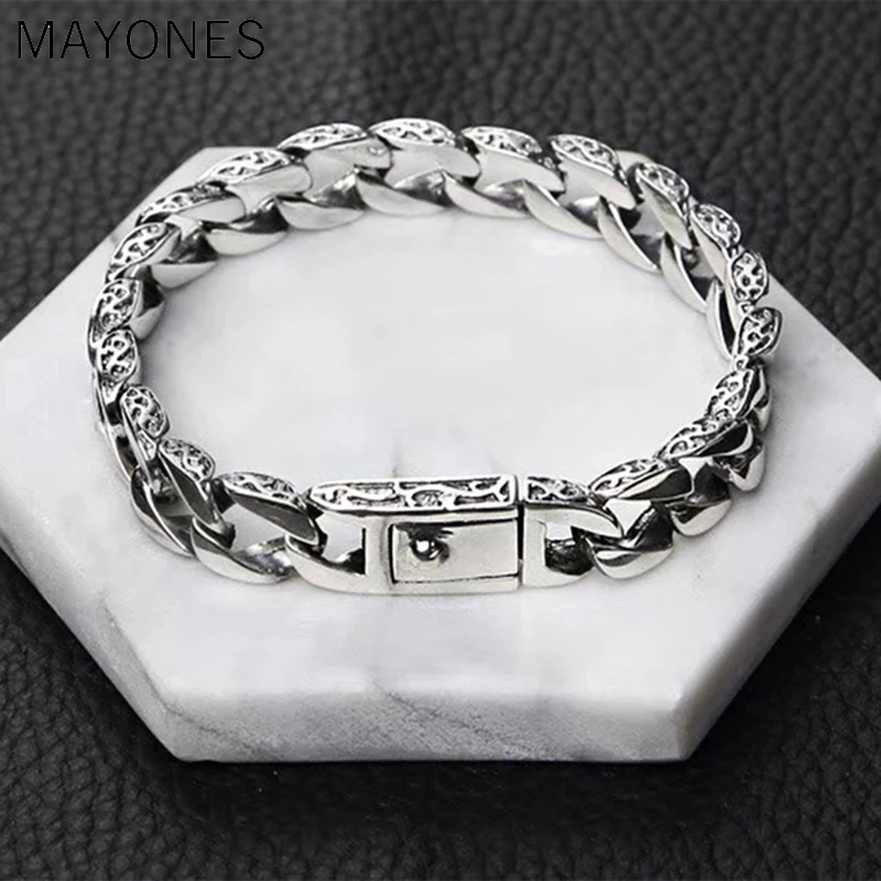 10mm Wide Men Bracelet Pure 100% 925 Sterling Silver Male Buckle Clip Bracelet Thai Silver Vintage Silver Fashion Jewelry