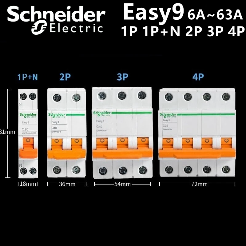 Schneider Circuit breaker Air switch EASY9 C20 1P+N C40 2P 3P C25 4P 6A 10A 16A 20A 25A 32A 40A 50A 63A