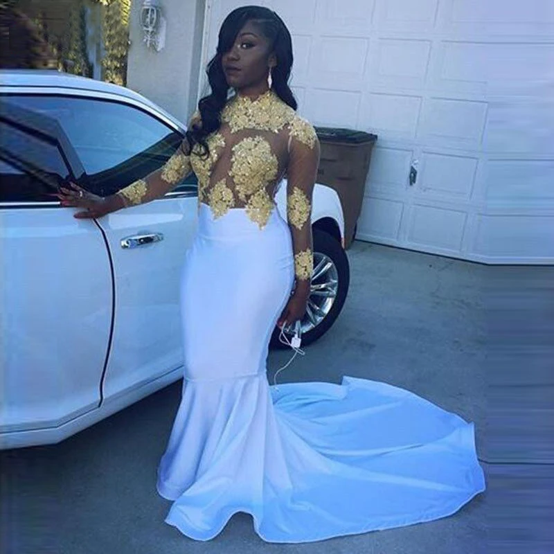 Sexy Sheer African White and Gold Prom Dresses 2020 Mermaid Appliques Beaded Lace Satin Black Girl Long Sleeve Prom Party Gowns