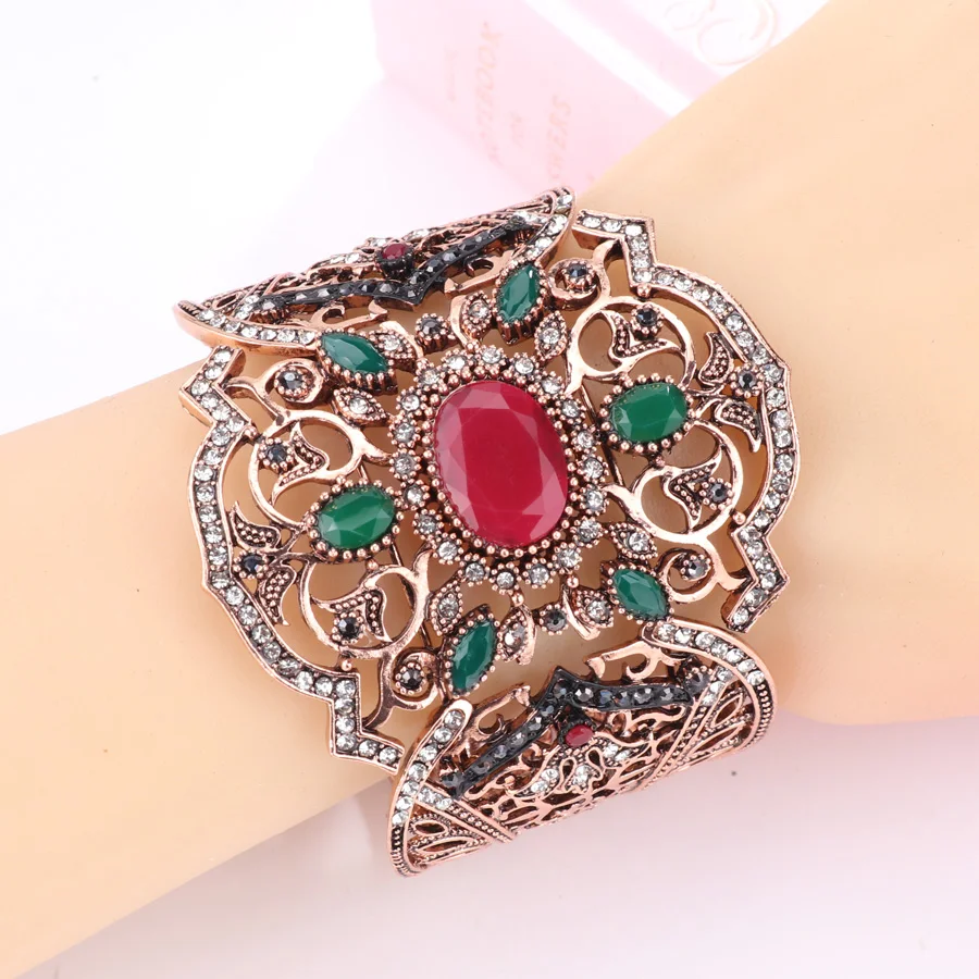 Wbmqda Vintage Turkish Antique Gold Adjustable Wide Cuff Bracelets Bangles For Women Boho Statement Jewelry Wedding Accessories