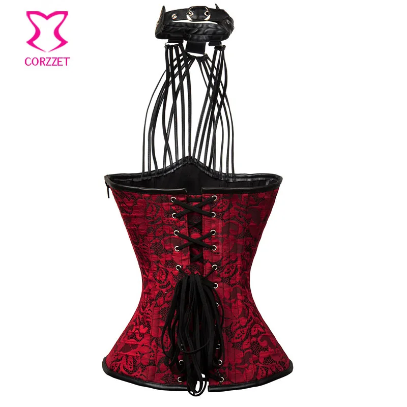 Corzzet Vintage Red Leather Strappy Halter Underbust Corsets And Bustiers Waist Cincher Spiral Steel Boned Steampunk Corset