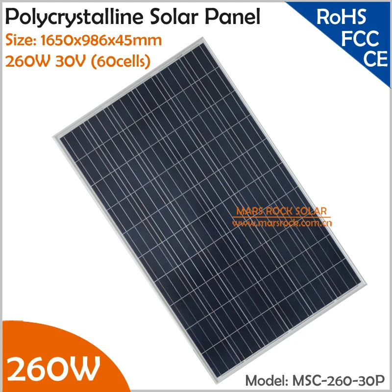 260W Polycrystalline Solar Panel 30V (60cells) with Size 1650x986x45mm for Grid Tie or Off Grid Solar Power System