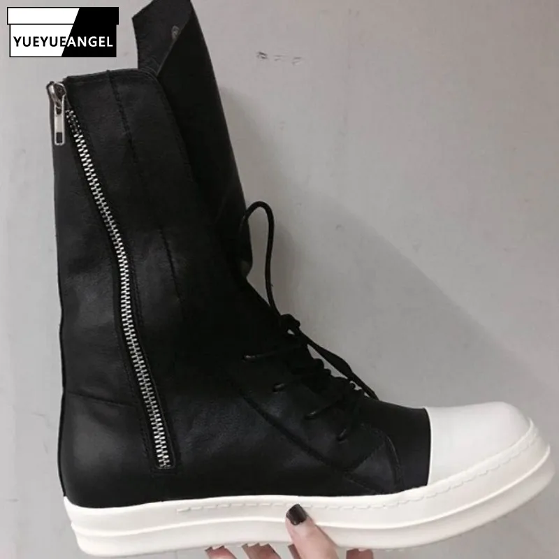 Men Genuine Leather Mid-Calf Boots Luxury Trainers Lovers High Top Boots Casual Lace-Up Zip Flats Hip Hop Male Shoes