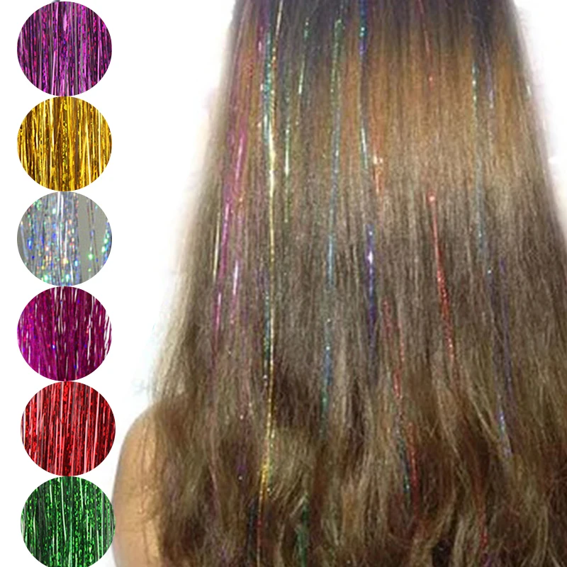 2Pcs Girls Hair Styling 8 Colors Hair Tinsel Sparkle Glitter Straight False hair Extension Strands Long Wig Piece Party Makeup