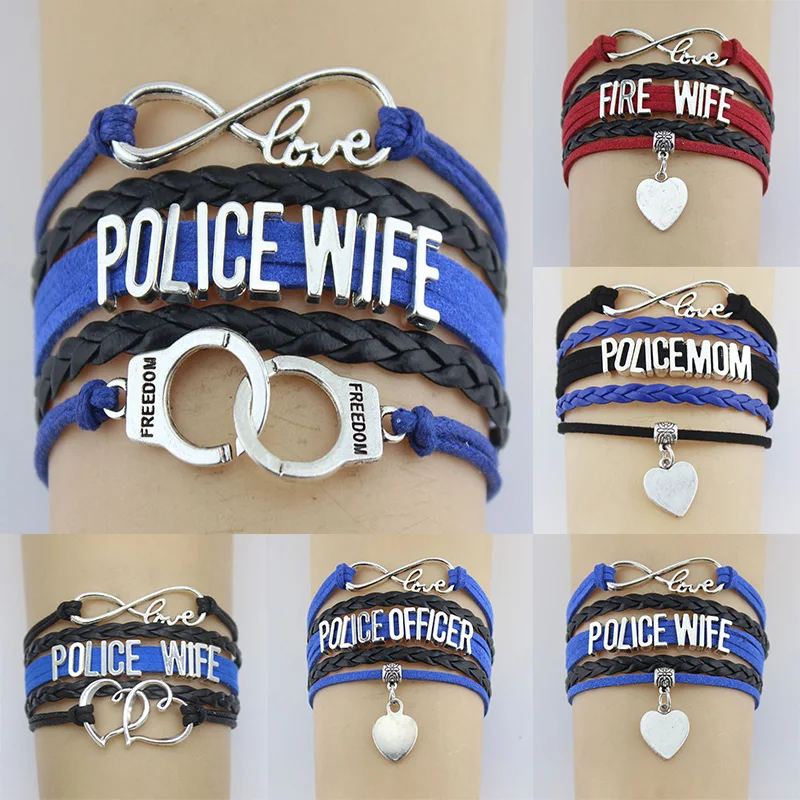 

10PC/Lot Infinity Love Police/Fire Wife Mom Officer Freedom Double Heart Charm Wrap Bracelet Rope Women & Men Bracelets Jewelry