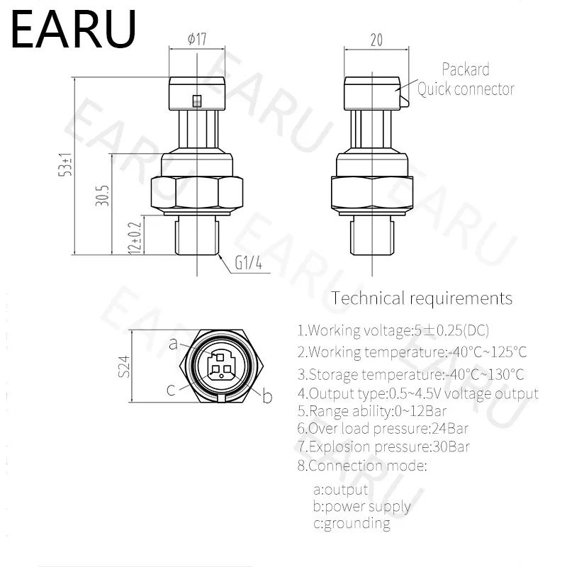 Imagem -04 - Sensor de Pressão dc 5v g1 Transdutor de Pressão 1.2mpa 174 Psi para ar Água Gás Óleo Combustível Diesel Carro Aço Inoxidável