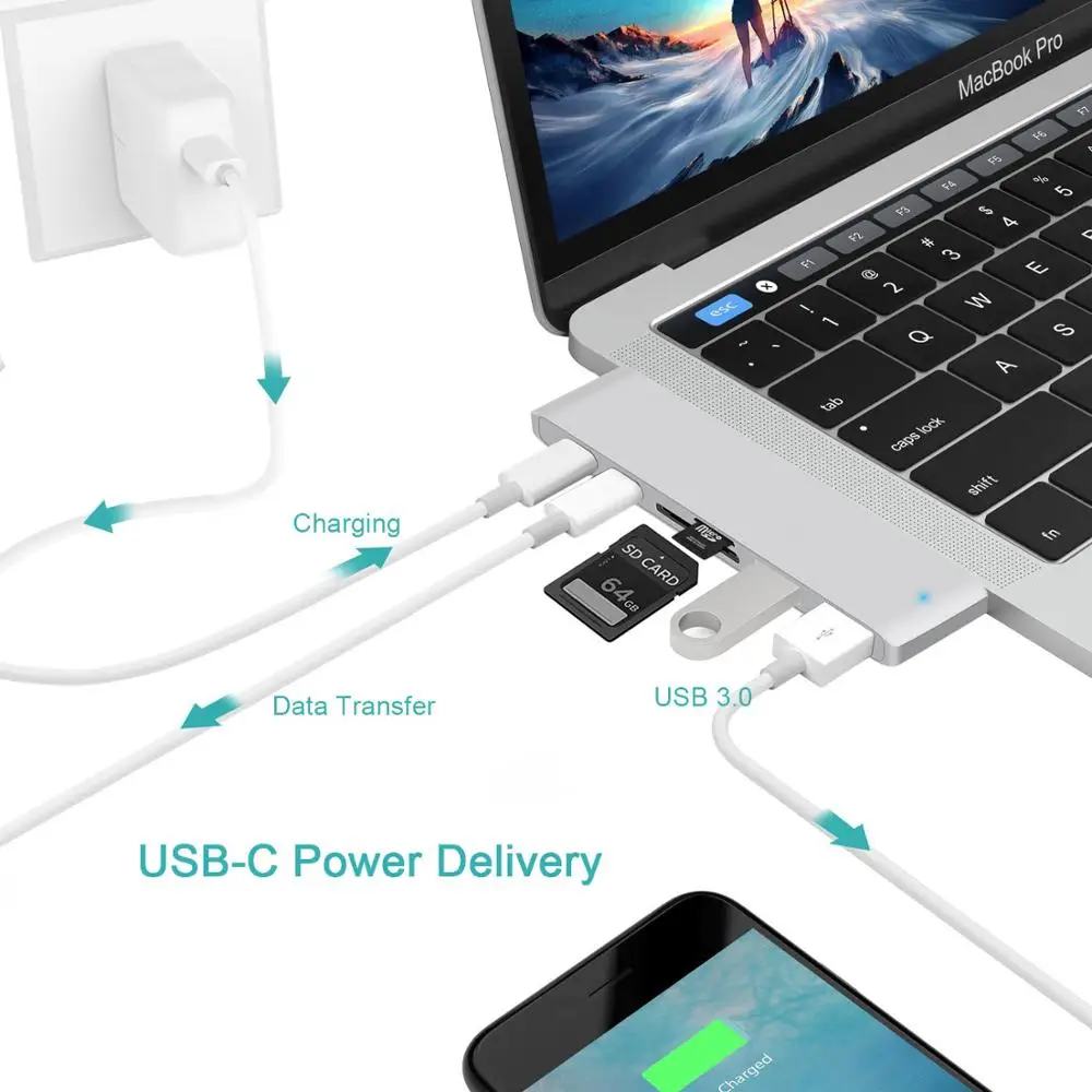 USB C타입 허브 어댑터, 맥북 프로 에어 M1 M2 2021 2020 2019 2018 썬더볼트 3 PD USB 3.0 SD TF 카드 리더기, 6 인 1