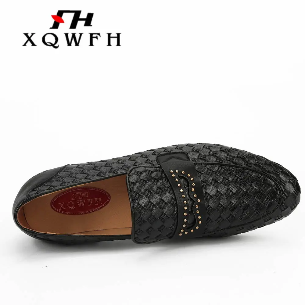 XQWFH High Quality Men Weaving Leather Shoes Men's Loafers Moccasins Shoes Business Wedding Tuxedo Dress Shoes Male Brand Flats