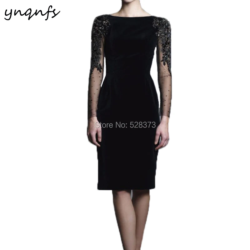 YNQNFS – robes mère de la mariée, en velours noir, à manches longues, avec perles, pour occasions spéciales, MD274