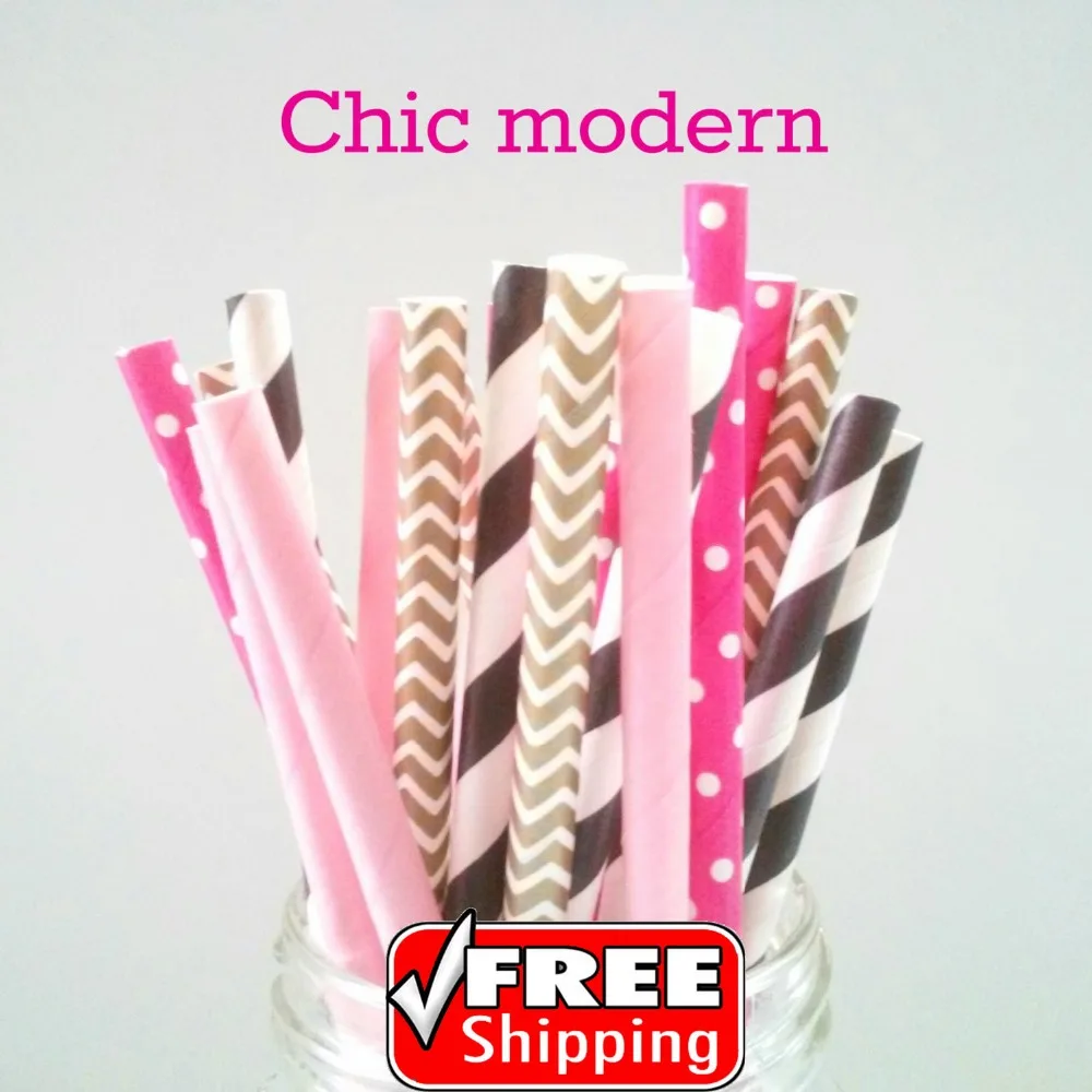 200 Pcs Mix 4 Designs CHIC MODERN Themed Paper Straws-Black,Orange,Light Pink,Deep Pink-Striped,Dot,Chevron,Plain Wedding Party