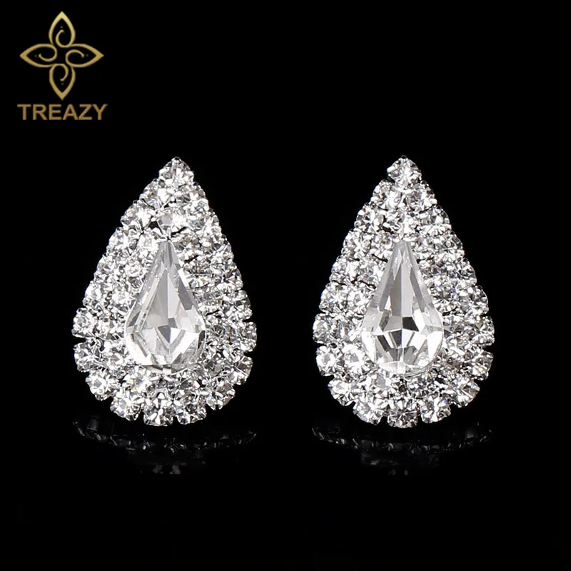 Treazy Warna Perak Berlian Imitasi Kristal Pengantin Anting-Anting Tetesan Air Bentuk Stud Anting-Anting untuk Wanita Modis Pernikahan Prom Perhiasan