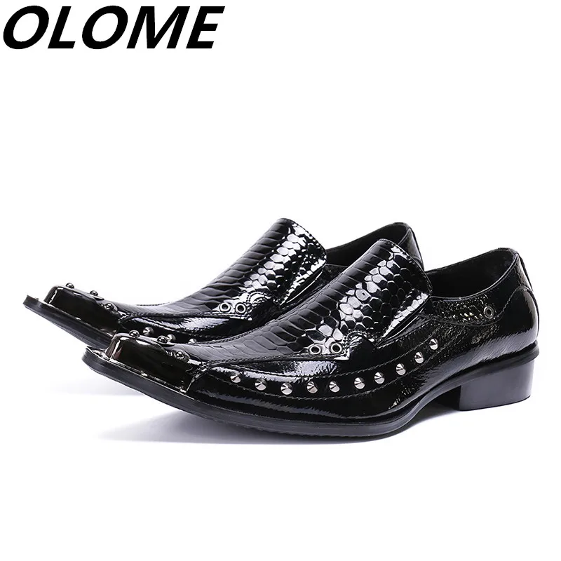 

2019 Mens pointed toe dress shoes black crocodile skin men leather shoes rivets iron toe formal wedding shoes spiked loafers