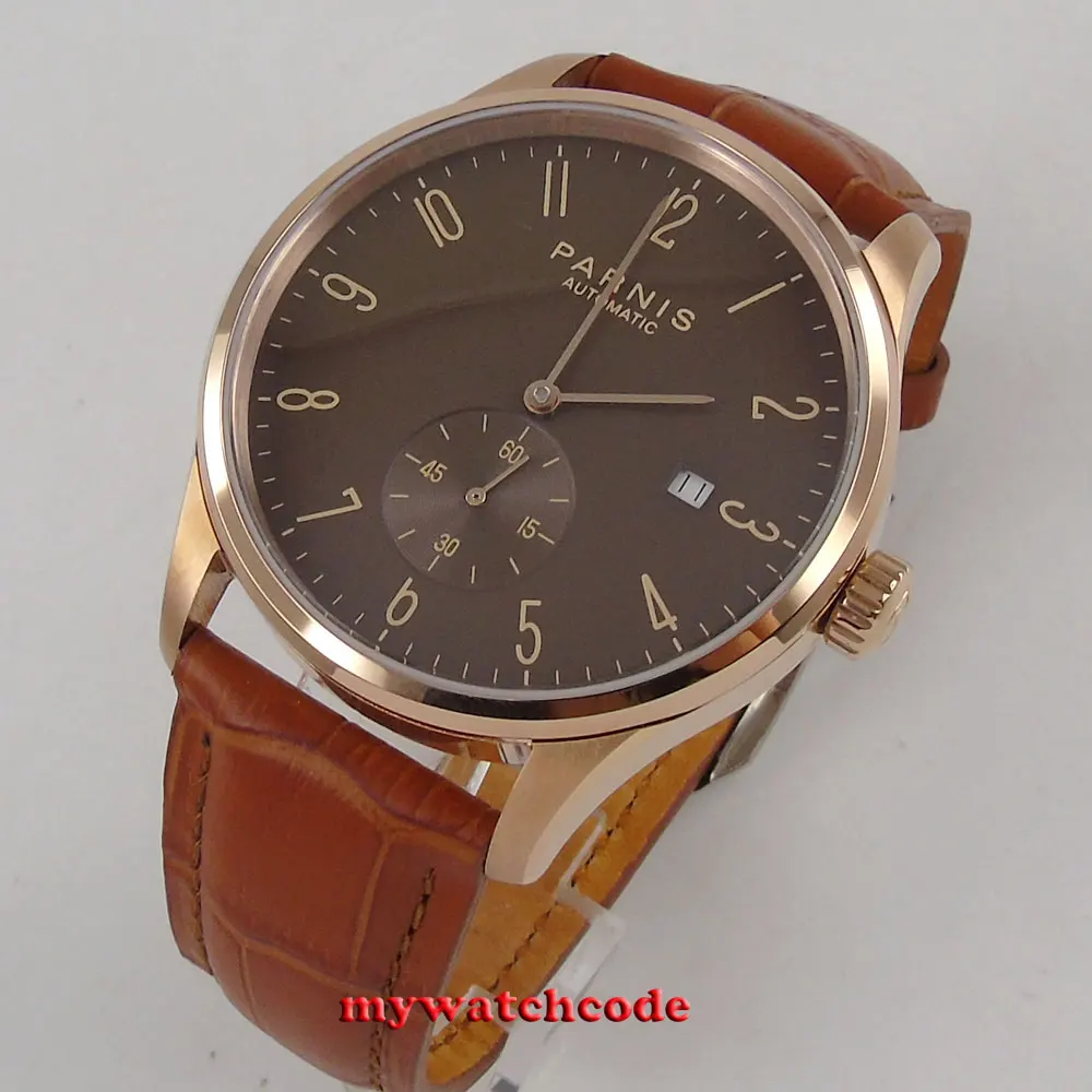 42mm parnis coffee dial rose golden case date window automatic mens watch P957B