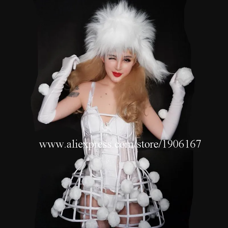 White Catwalk Model Show Ballroom Costumes Modern Dance Team Clothes Halloween Stage Performance Party Event Sexy Lady Dress Hat