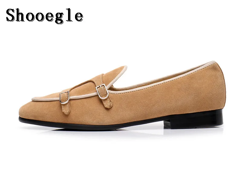 Shooegle Vintage-Stil Männer Freizeit schuhe Doppel Mönch Riemen braune Schnalle Slipper Wildleder Hochzeits feier hochwertige Kleid Schuhe Mann