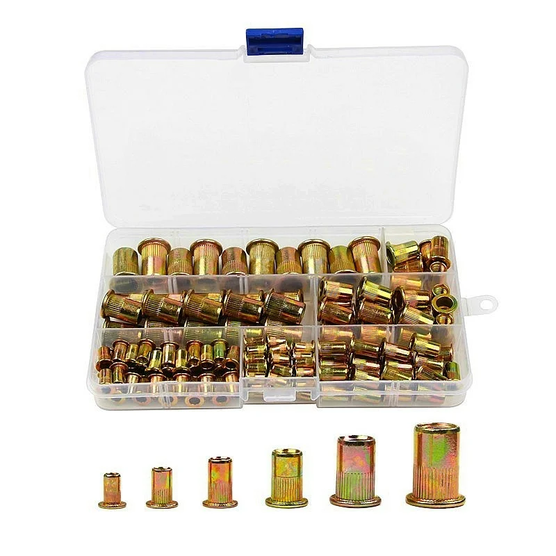 150PCS Carbon Steel Rivet Nuts Flat Head Rivet Nuts Set Nuts Insert Riveting Set M3 M4 M6 M8 M10