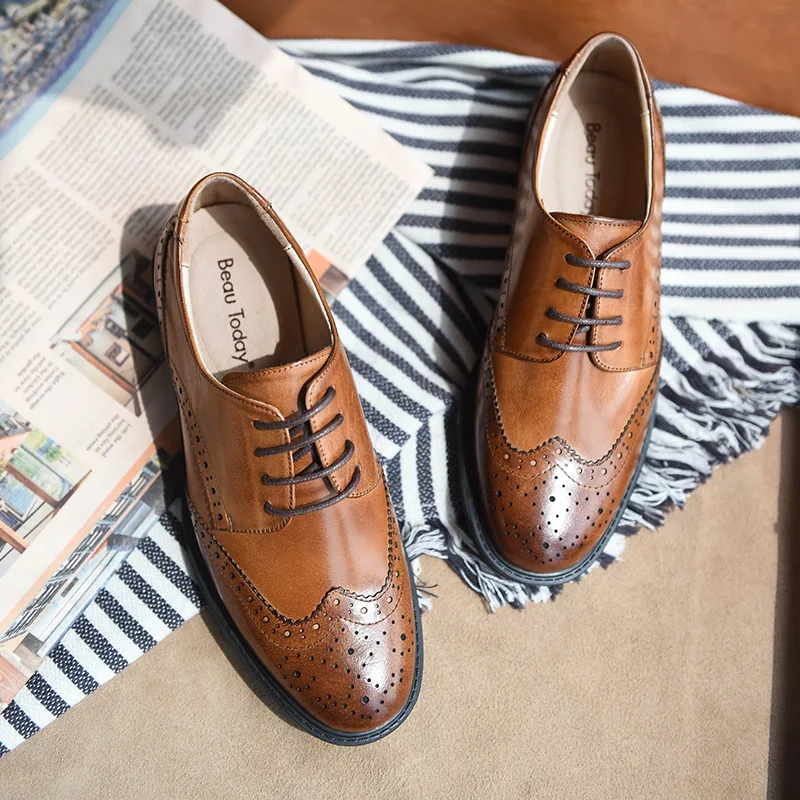 BeauToday Genuine Cow Leather Brogue Shoes Handmade Lace-Up Wingtip Round Toe Waxing Calfskin Top Quality Brand Shoes 21086