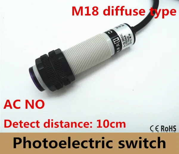 

M18 diffuse type ac 90~250v normally open photoelectric sensor switch 2 wires, no switch ac sensor distance :10cm ce approval