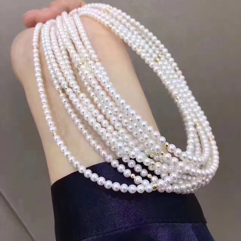 Sinya 3-4mm Natural Pearls 18k Gold Beads Bracelet Necklace Length 45cm or 90cm Optional for Women Girls Mum