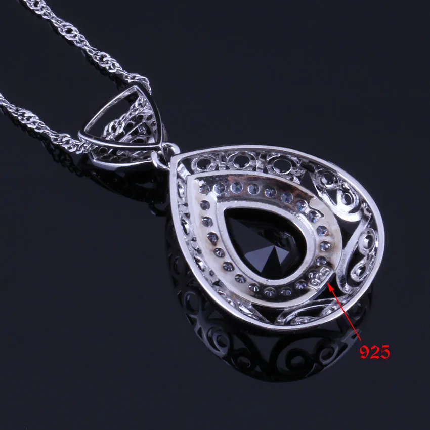 Water Drop Black Cubic Zirconia White CZ Silver Plated Jewelry Sets Earrings Pendant Nacklace Chain Ring V0316
