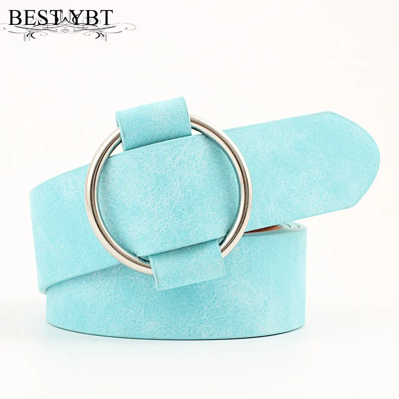 Best YBT Women leather belt Newest Round buckle belts female leisure jeans wild without pin metal buckle Women strap belt