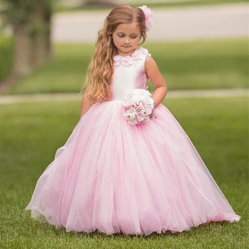 Lovely Pink Flower Girl Dresses Princess Sleeveless Applique Girls Fluffy Tulle Party Gown Pageant Holy Communion Dresses