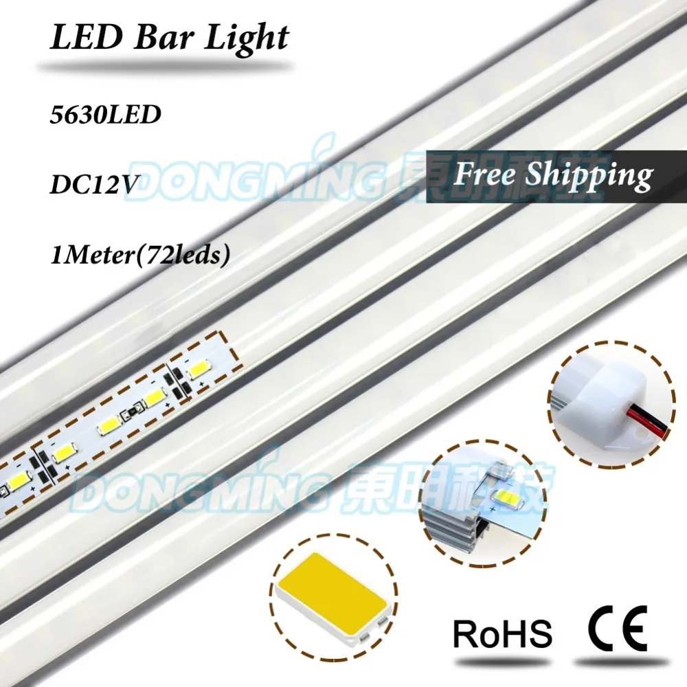 

100pcs 12V 72 luces aluminum led strip light 5630 led bar indoor 1m + U Profile + PC milky/clear cover + DC connectors