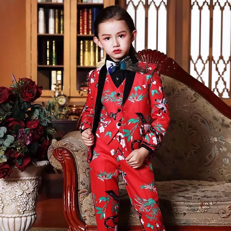 

New Style Flower Notched Lapel Girl Suits One Button Wedding Suits Children Party Tuxedos Girl Smoking blazer (jacket+pant+vest)