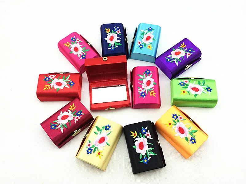 Embroidered Double Lipstick Tube Container Mirror Jewelry Gift Box Silk brocade  Lip Balm Case Lip Gloss Packaging Box 12pcs/lot